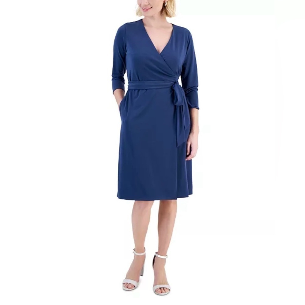 Alfani Petite Printed 3/4-Sleeve Wrap Dress in Blue